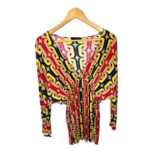 T-BAGS Women’s Abstract Print Plunge Neckline Tunic Top Yellow/Pink Size Large